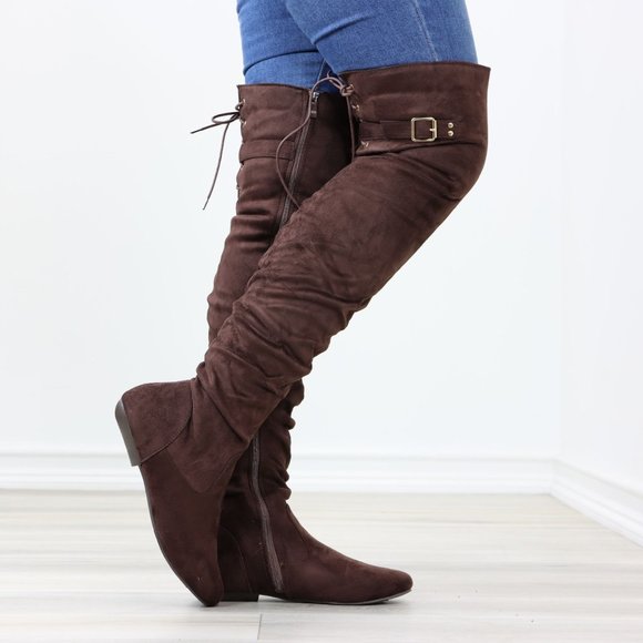 Brown Thigh High Over The Knee Flat Boots Faux Suede Laced Back - Picture 2 of 14